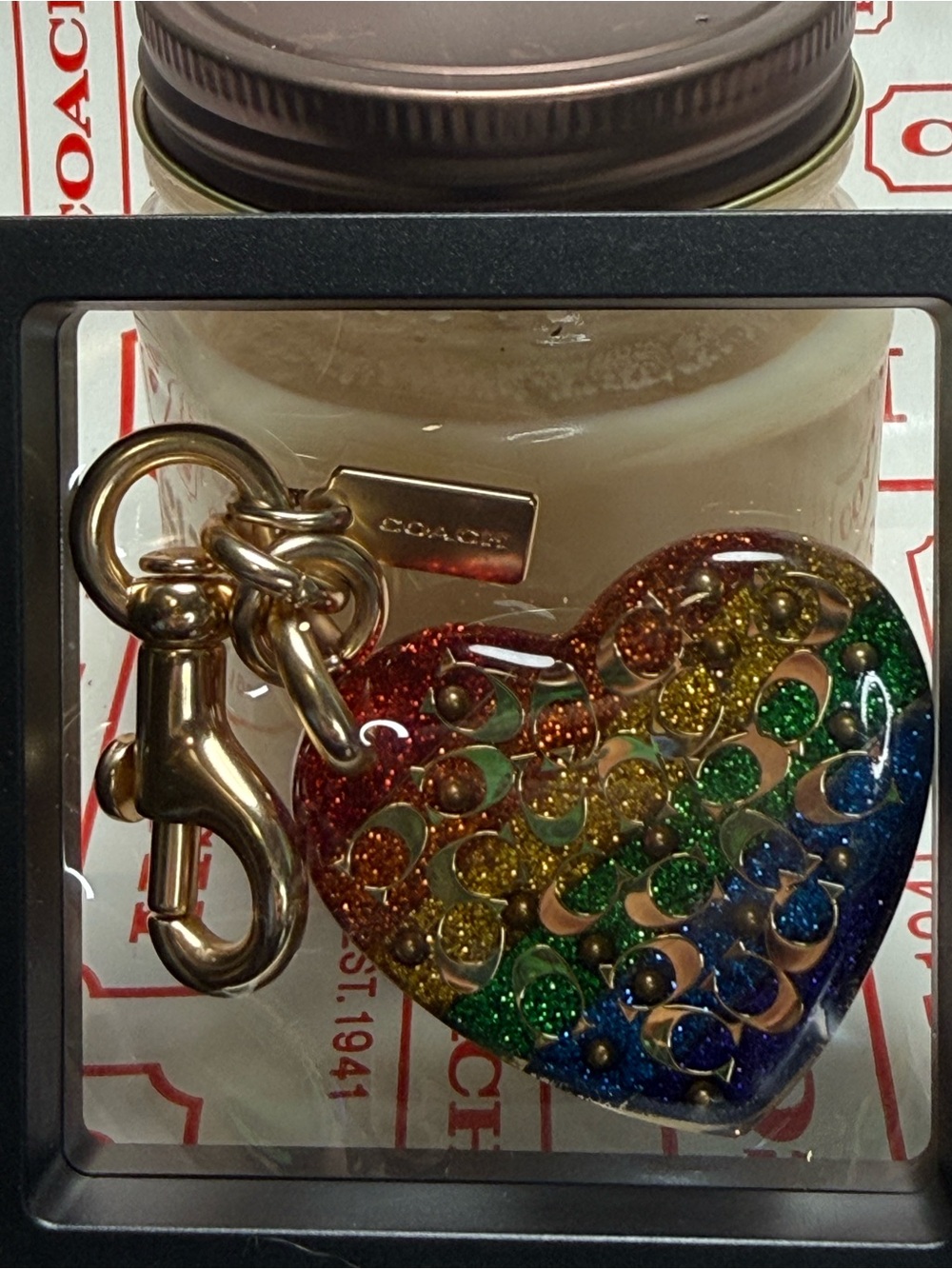 Coach Sprinkle Signature Heart Bag Charm Rainbow Pride Glitter Keychain HTF!